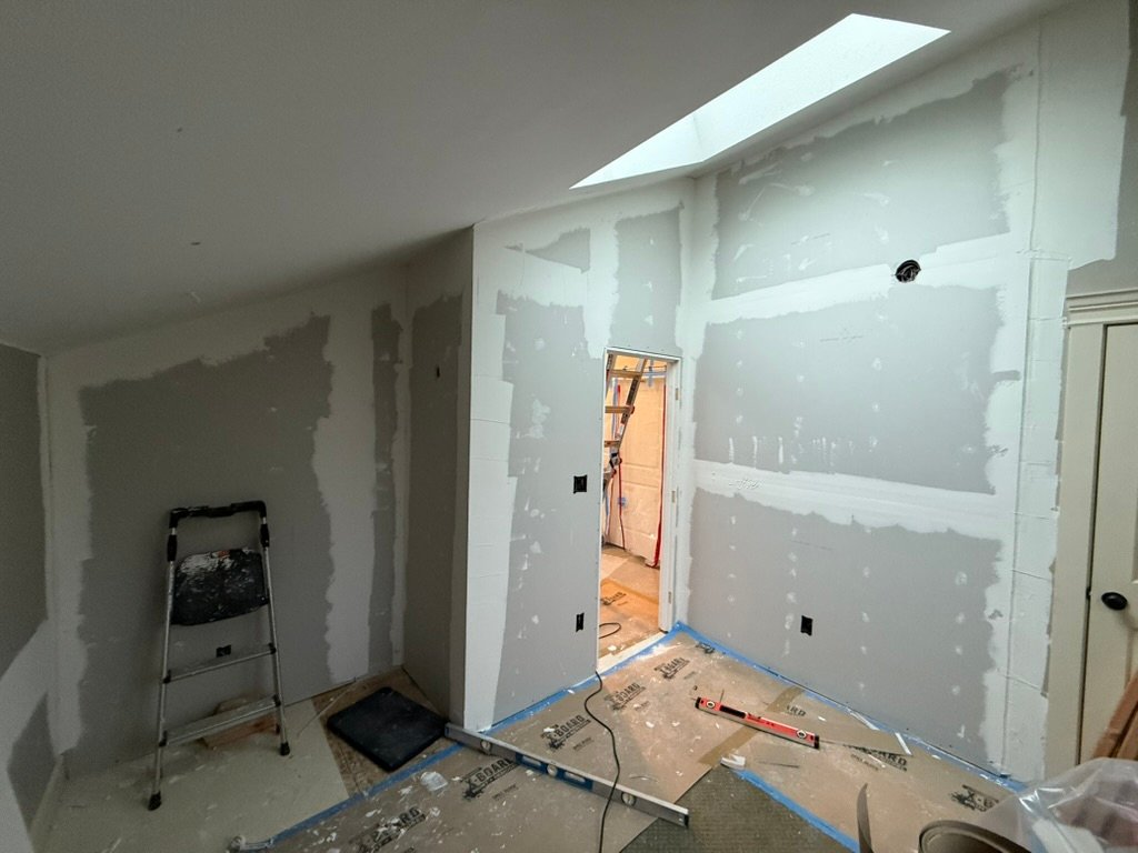 Bonus-room drywall work in progress