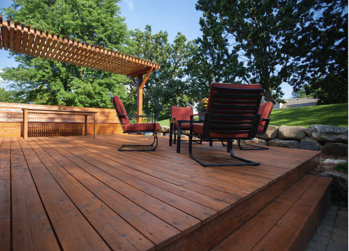 Finished cedar deck with bench and arbor