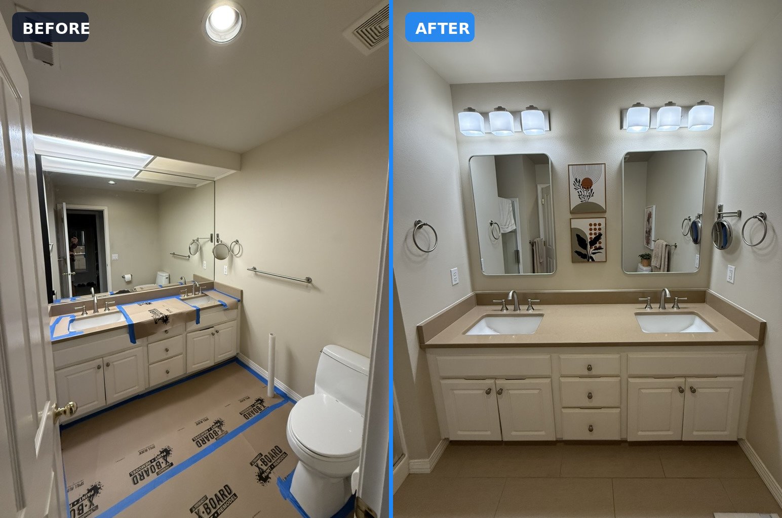 Double vanity and mirror wall before and after