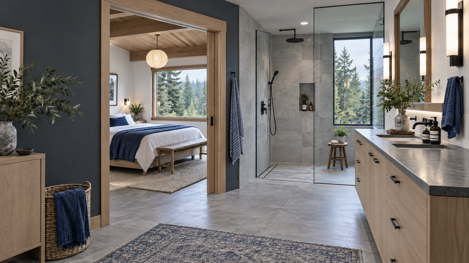 Cool blue primary suite with an open tiled shower and adjoining bedroom