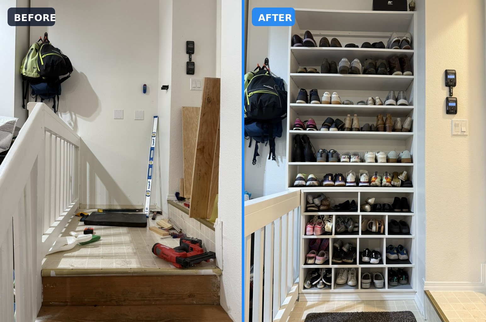 Built-in shoe storage before and after