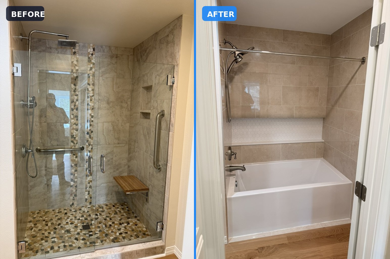 Shower-to-tub conversion before and after