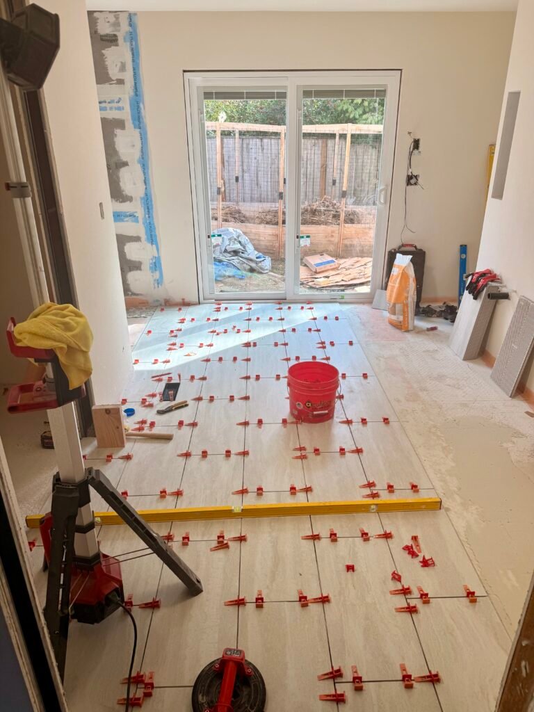 large format tile install in SW Portland bathroom remodel.